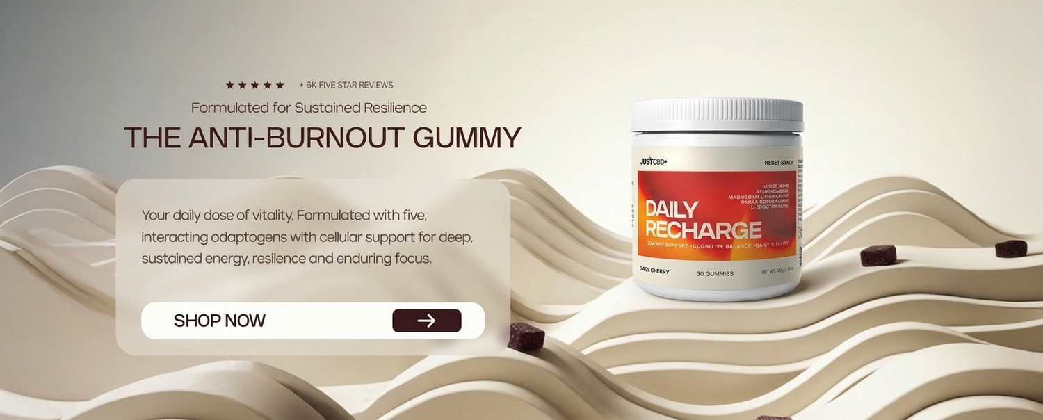 Daily Recharge gummy supplement container on a beige background with text about anti-burnout gummies. 